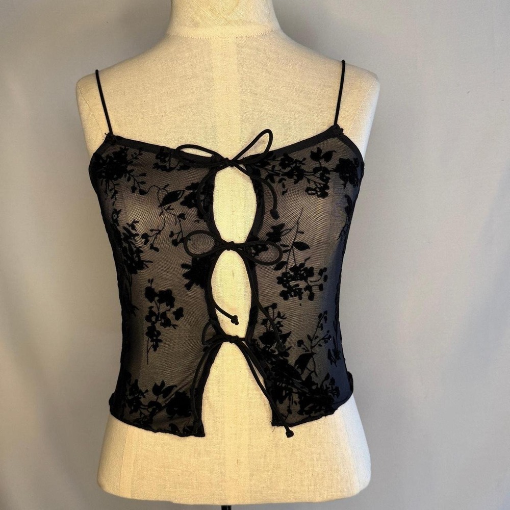 Black Velvet Burnout Floral Sheer Mesh Tie Front Cami Tank Top Small Y2K